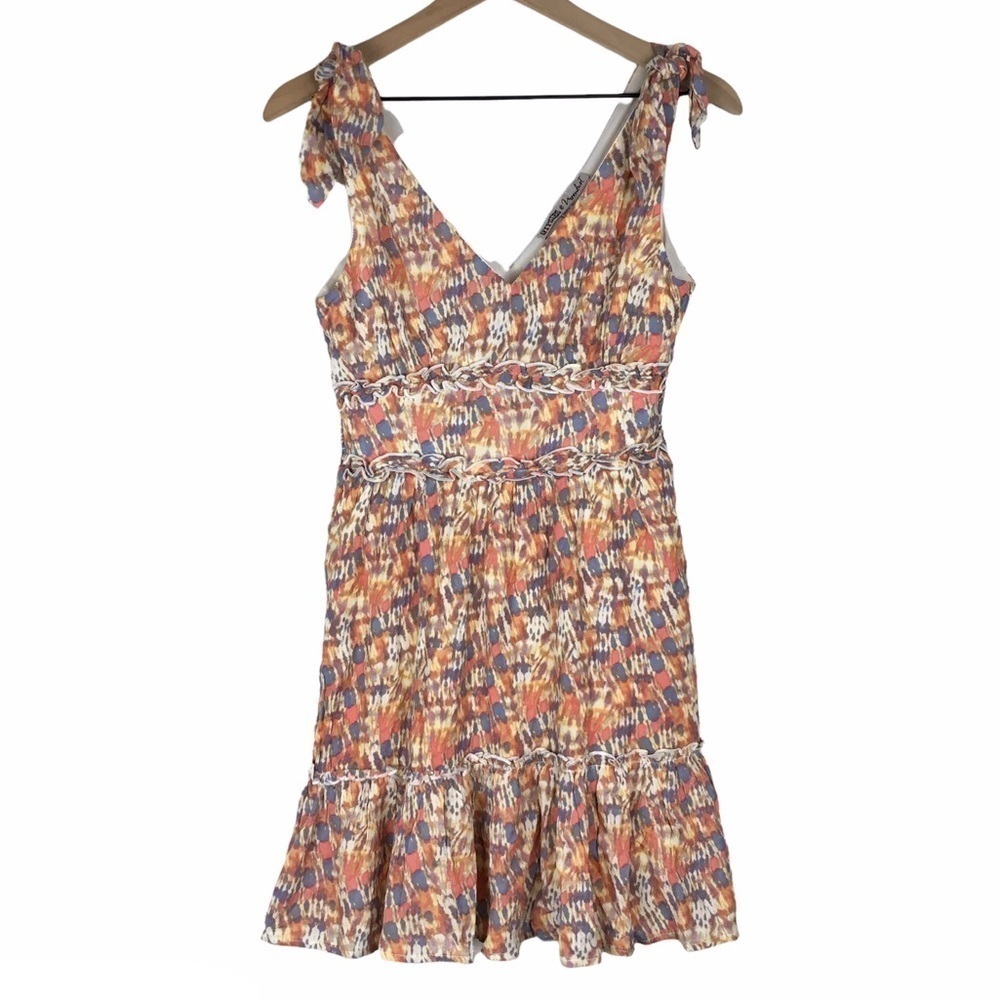 GYPSIES & MOONDUST Dress Boho V Neck Watercolor Tie Dye Knot Sleeve Small NWT